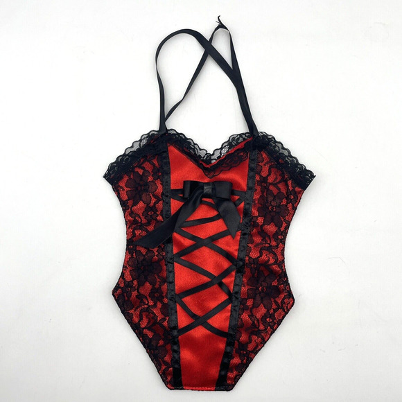 Vintage 00s Y2K Passion Parties Red Satin Black Lace Corset Small Handbag - Picture 1 of 13